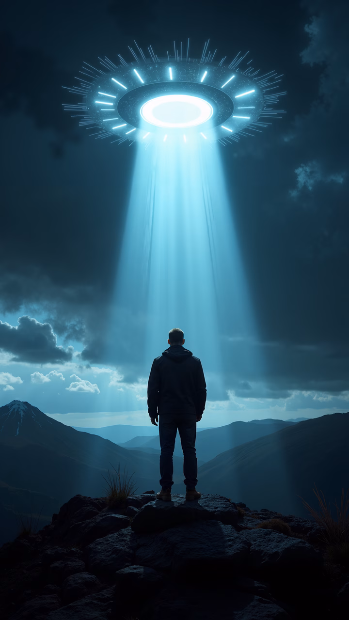 Mysterious UFO encounter in a dark, mountainous landscape.
