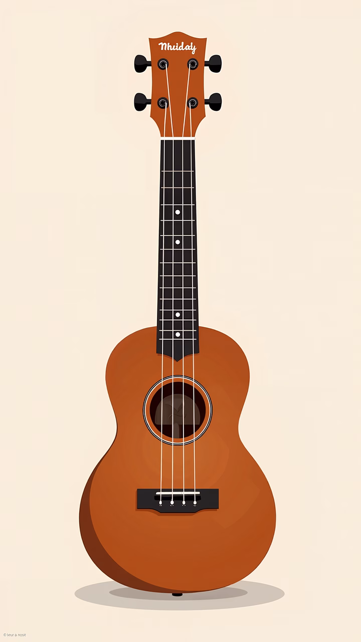 Minimalist ukulele illustration with warm tones and clean lines.