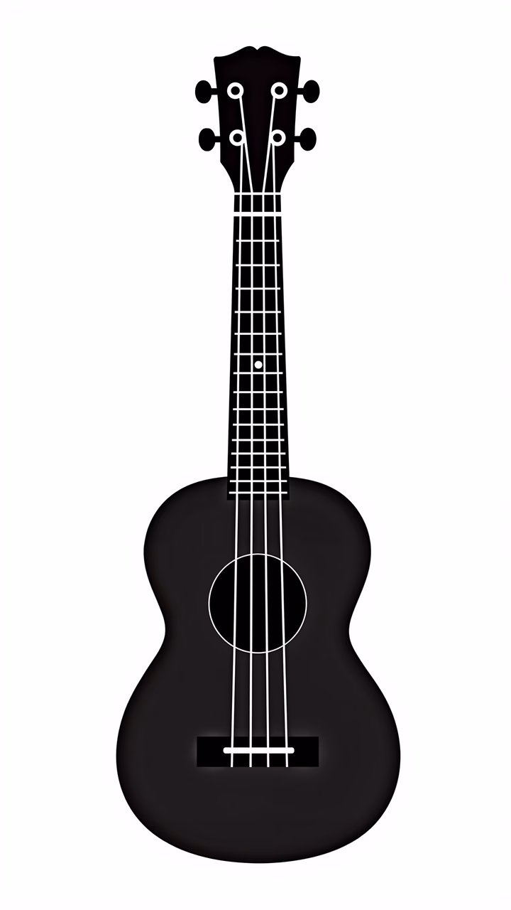 Minimalist black and white illustration of a ukulele, perfect for music enthusiasts.