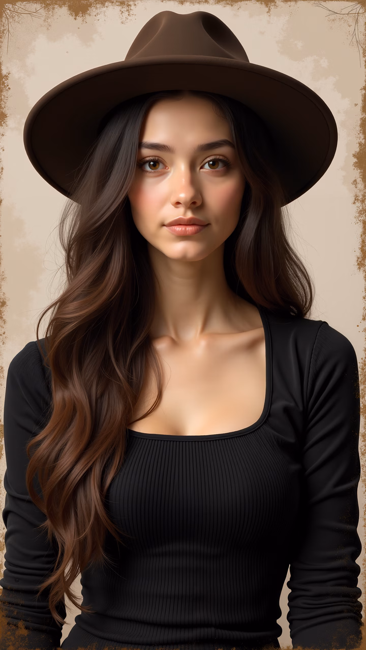 Vintage-inspired portrait with a woman in a wide-brimmed hat, featuring muted tones and detailed textures.