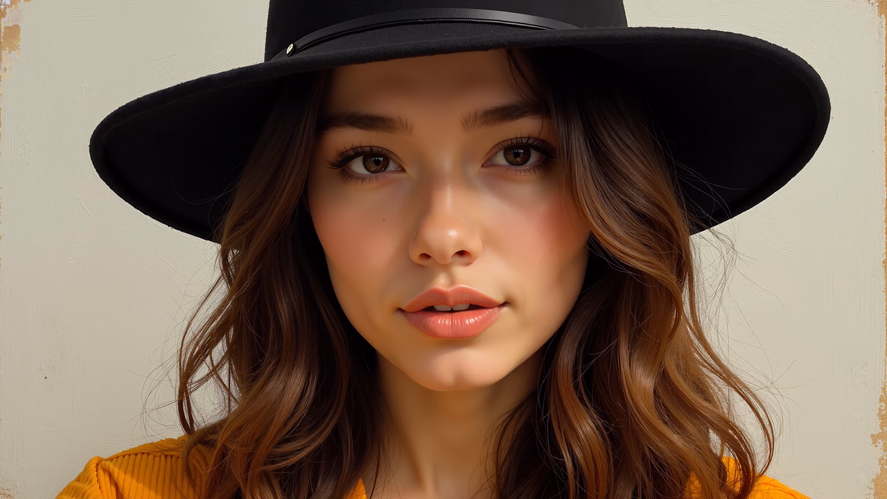 Close-up portrait of a person wearing a black hat, showcasing vintage fashion and warm tones.