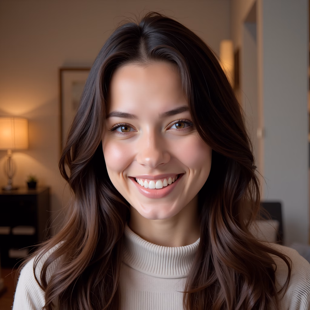 Close-up portrait of a smiling individual with warm lighting and soft background.
