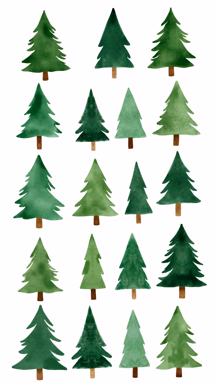 A serene grid of watercolor pine trees in varying shades of green.
