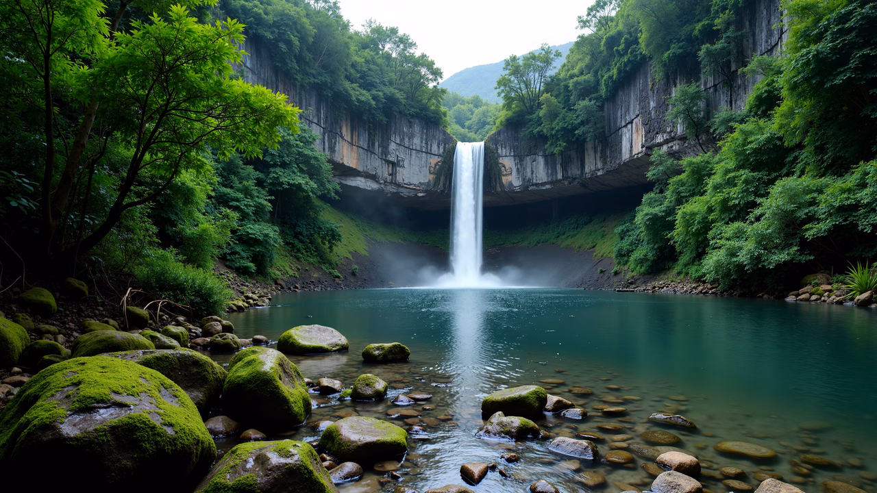 A peaceful waterfall amidst lush greenery and crystal-clear waters.