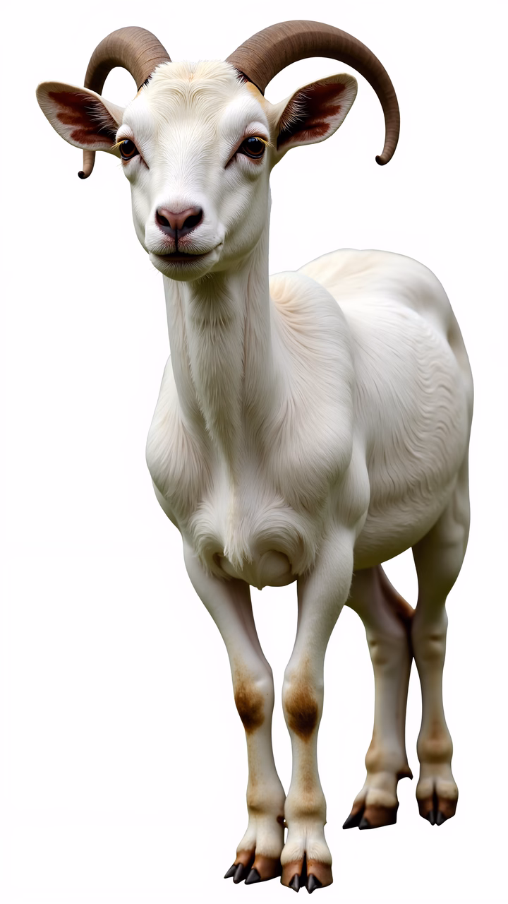 Detailed illustration of a white ram with curved horns on a white background.
