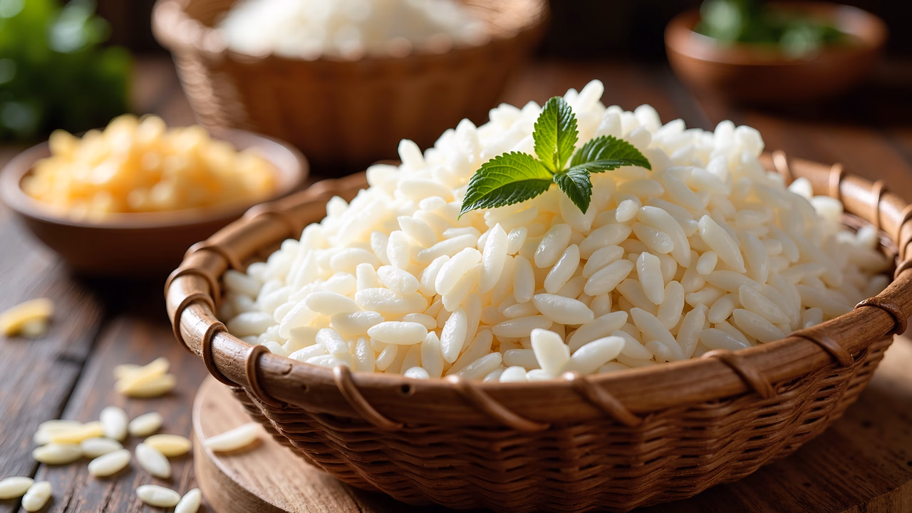 Close-up of white rice in a woven basket, garnished with mint, set against a rustic backdrop.