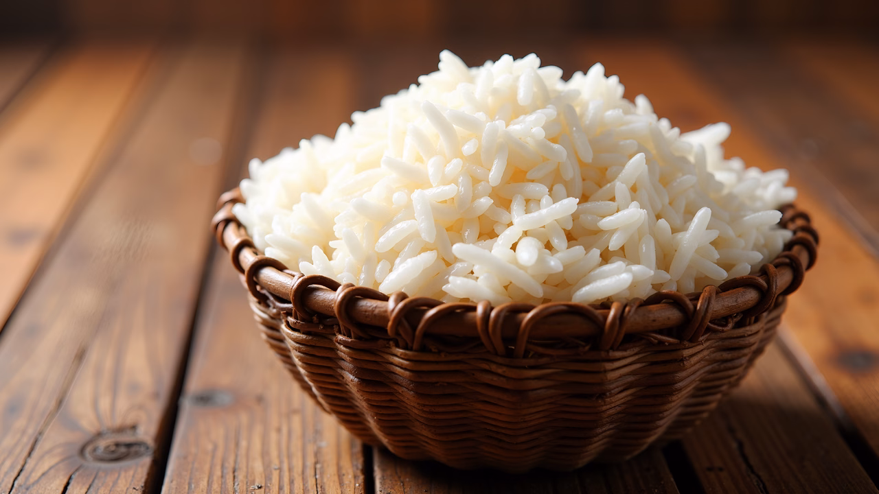 Close-up of white rice in a woven basket on a wooden table.