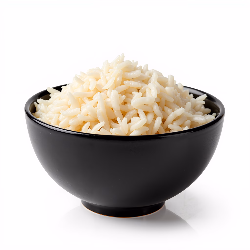 Close-up shot of white rice in a black bowl on a white background.