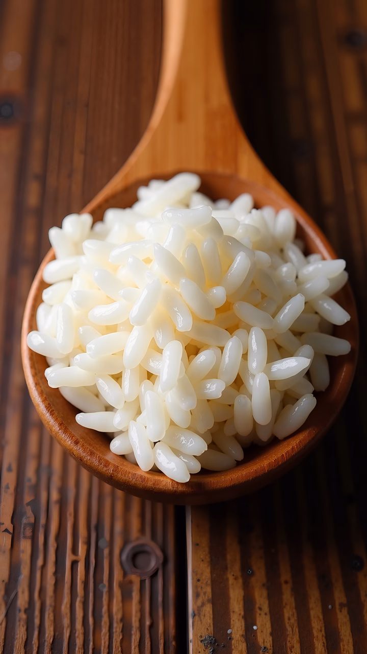 Close-up of white rice in a wooden spoon on a wooden surface, emphasizing texture and warmth.
