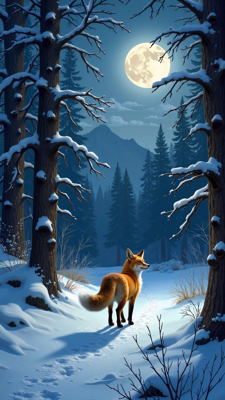 A fox in a snowy forest under a full moon, evoking peace and solitude.
