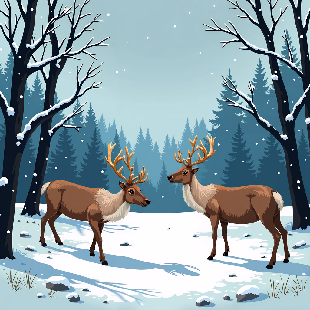 Two reindeer in a snowy forest, serene winter scene
