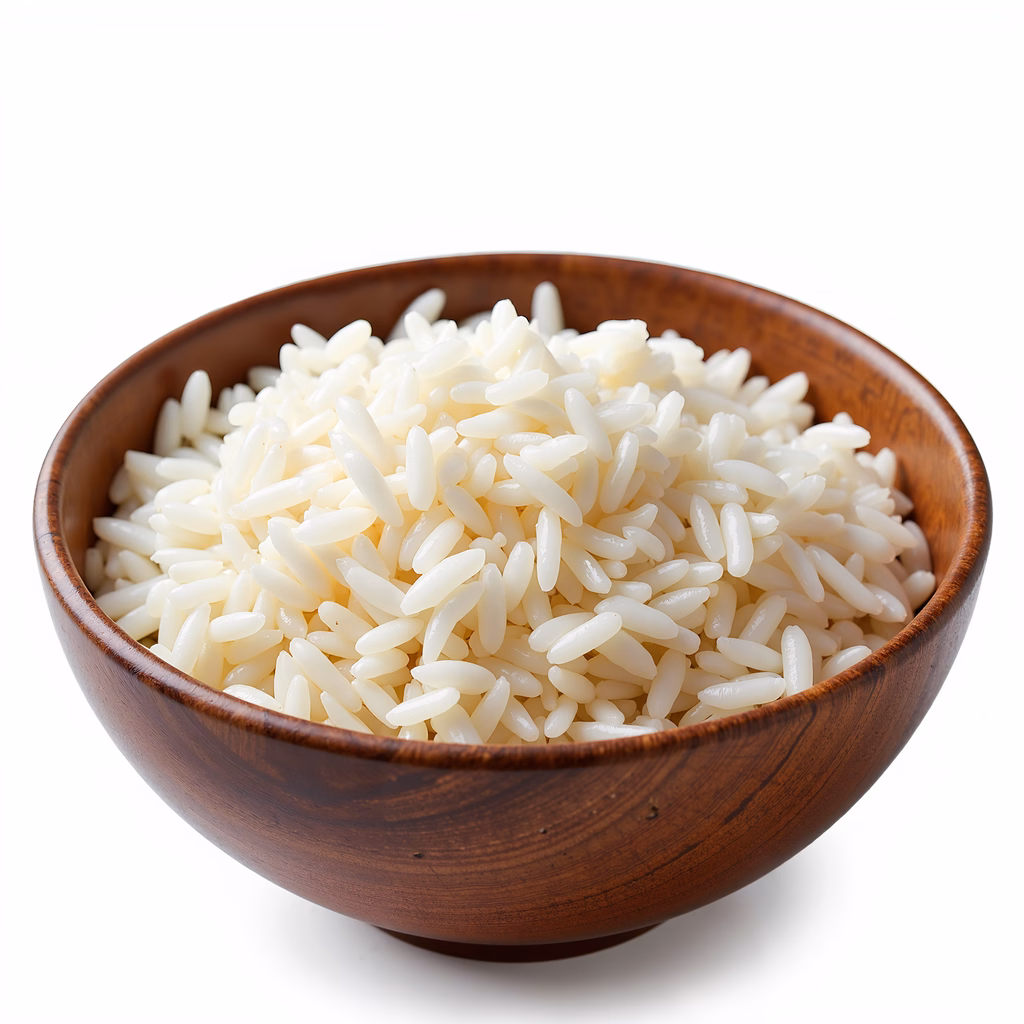 Close-up of wooden bowl filled with white rice, showcasing its texture and translucence.