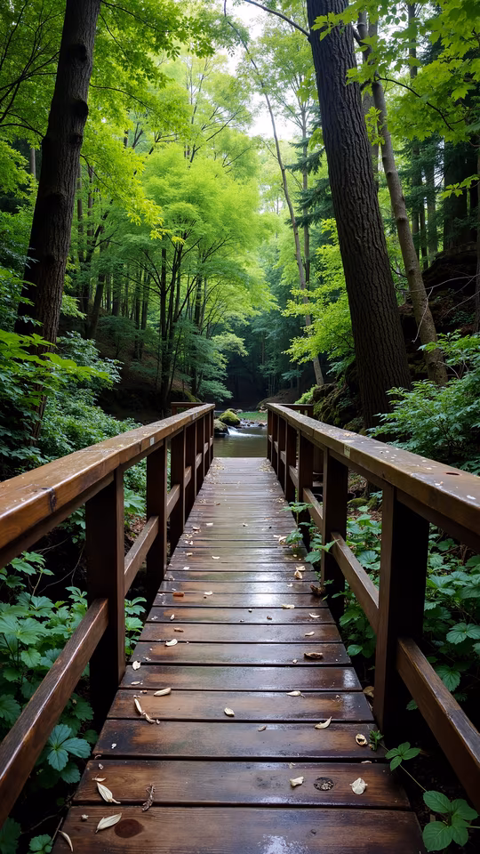 Wooden Bridge Through Lush Forest