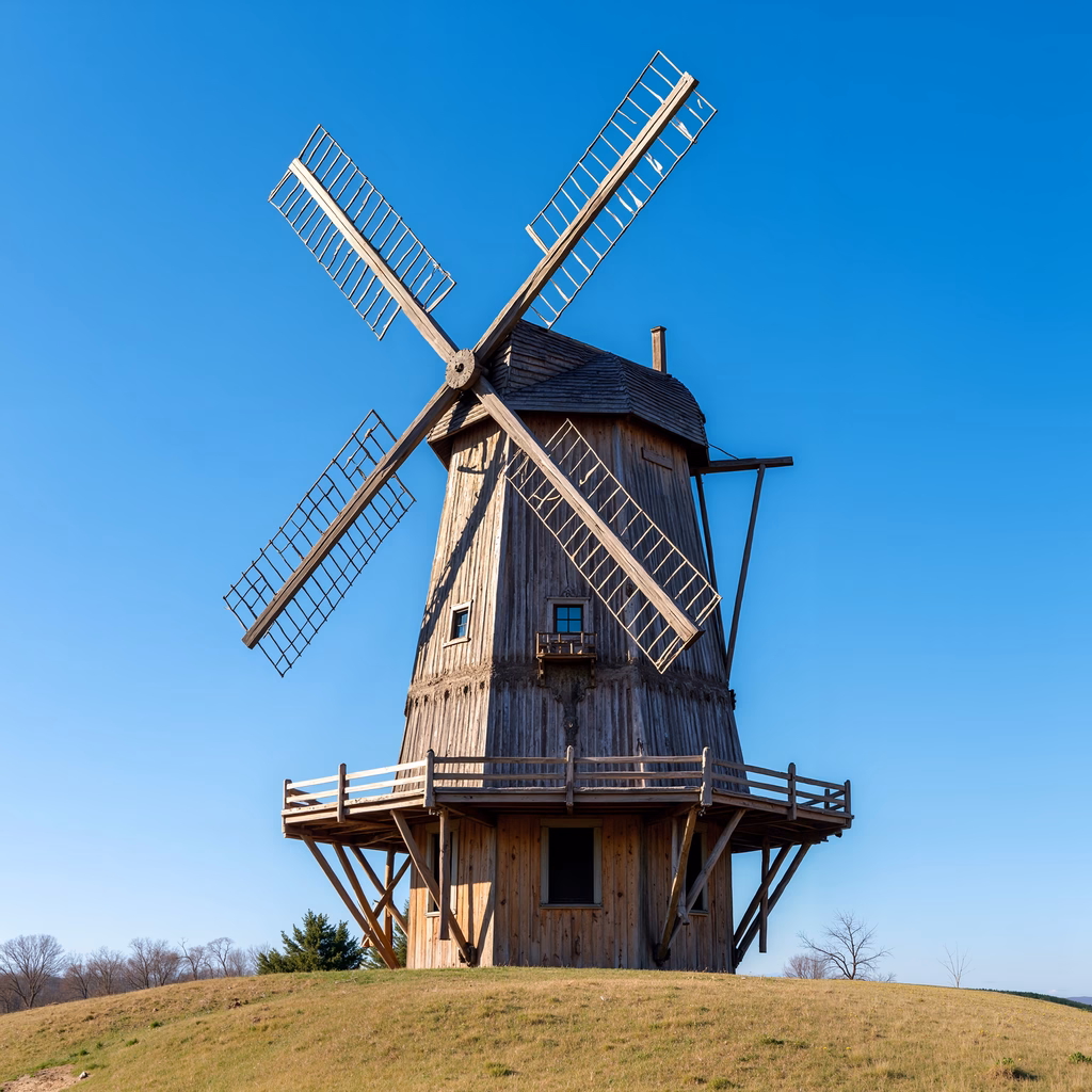 Rustic wooden windmill under a clear blue sky, serene landscape
