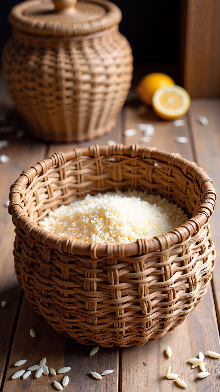 Close-up of a woven basket filled with rice, rustic charm, fresh lemon, wooden surface, natural light, food photography.