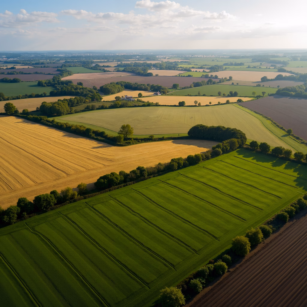 Aerial shot of vibrant agricultural fields under a sunny sky.
