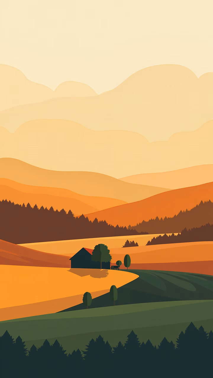 A tranquil autumn landscape with a house and rolling hills in warm oranges and muted greens.