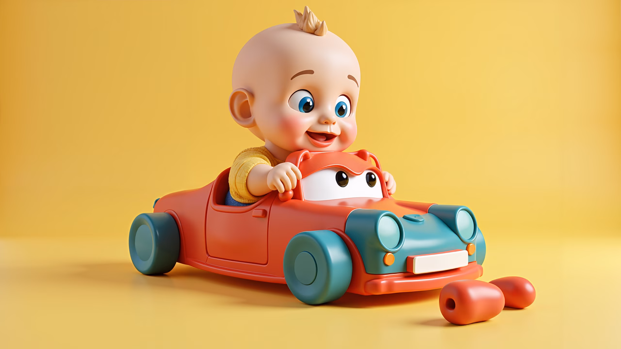 A joyful baby driving a colorful toy car on a yellow background.