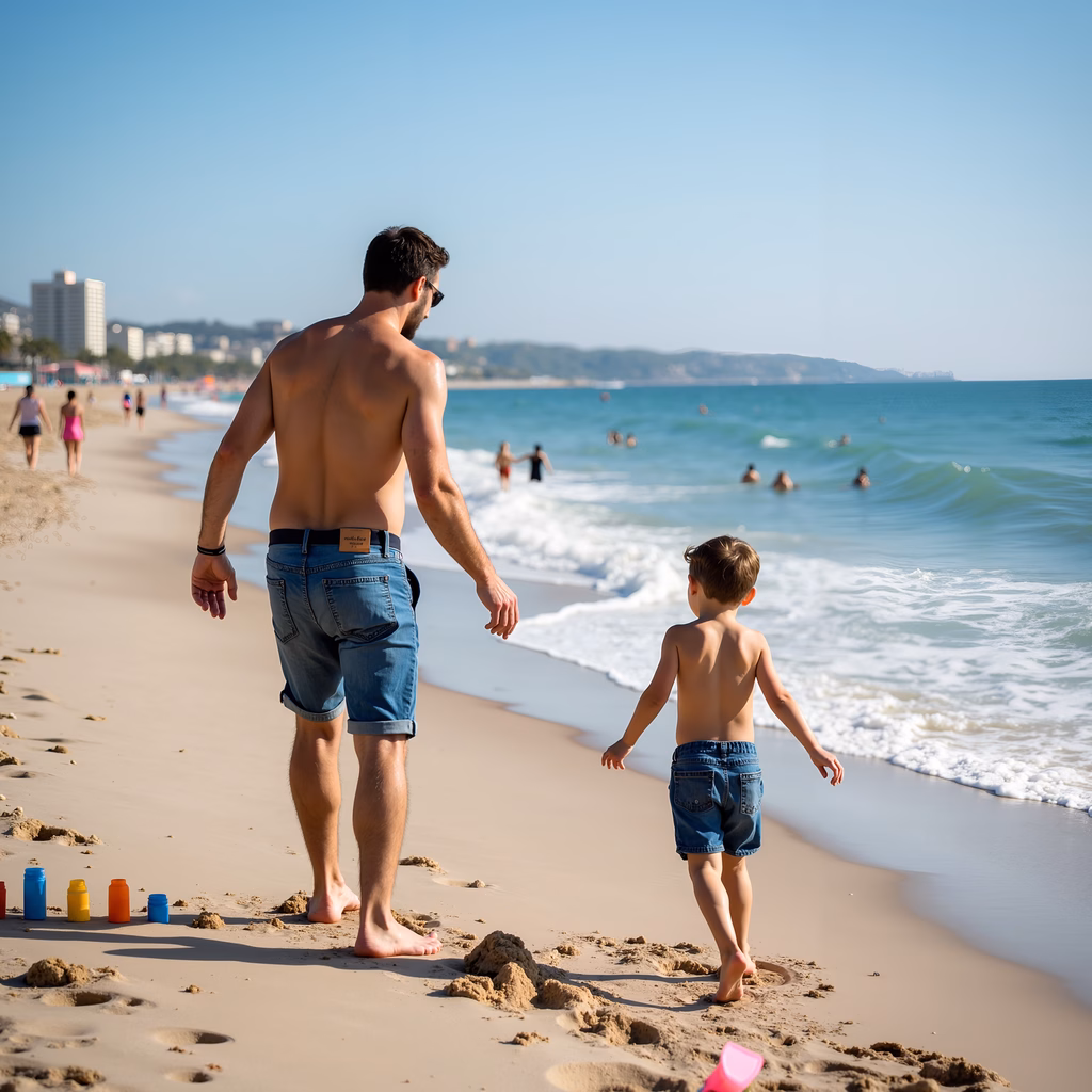 Father and son enjoying a peaceful beach walk on a sunny day.