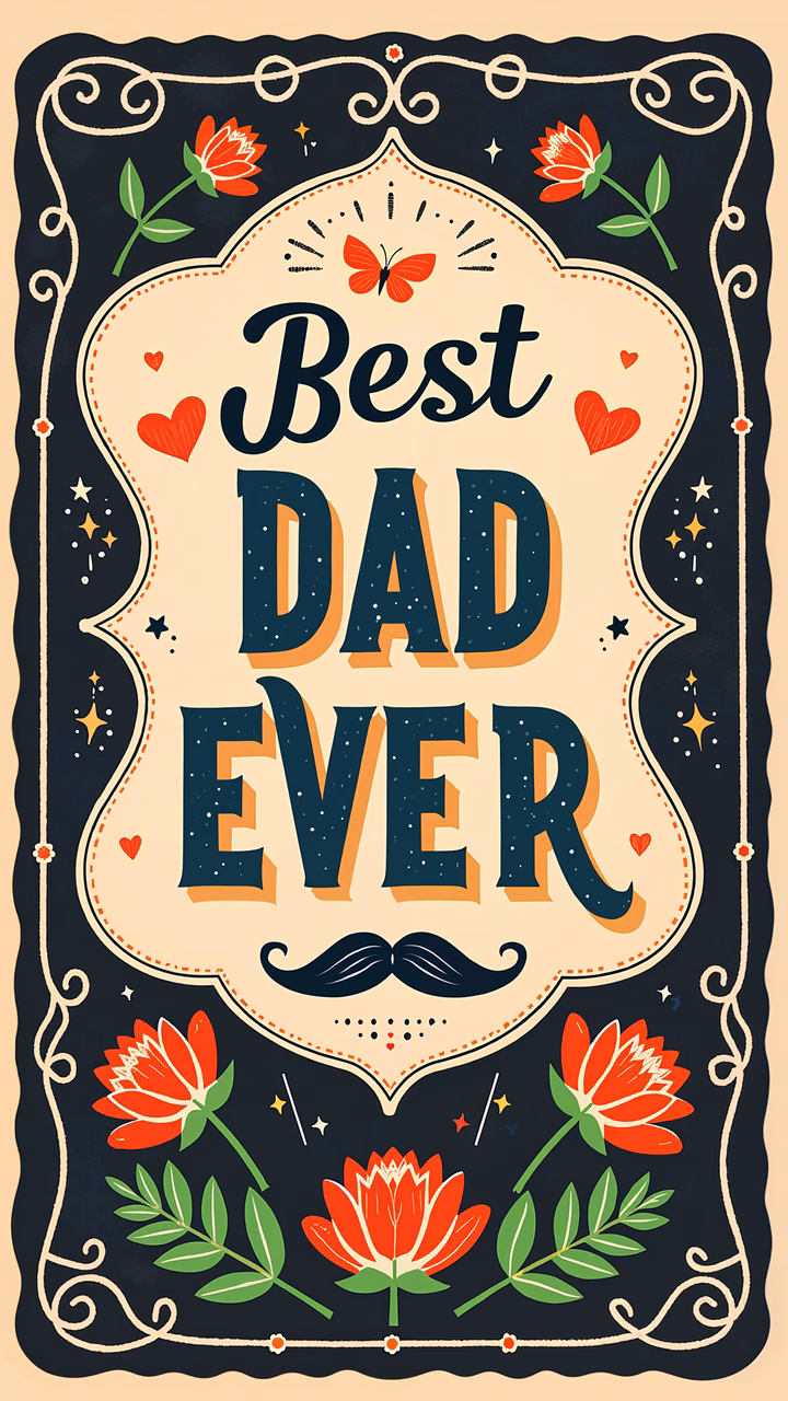 Vibrant floral illustration celebrating fatherhood with bold typography and joyful details.