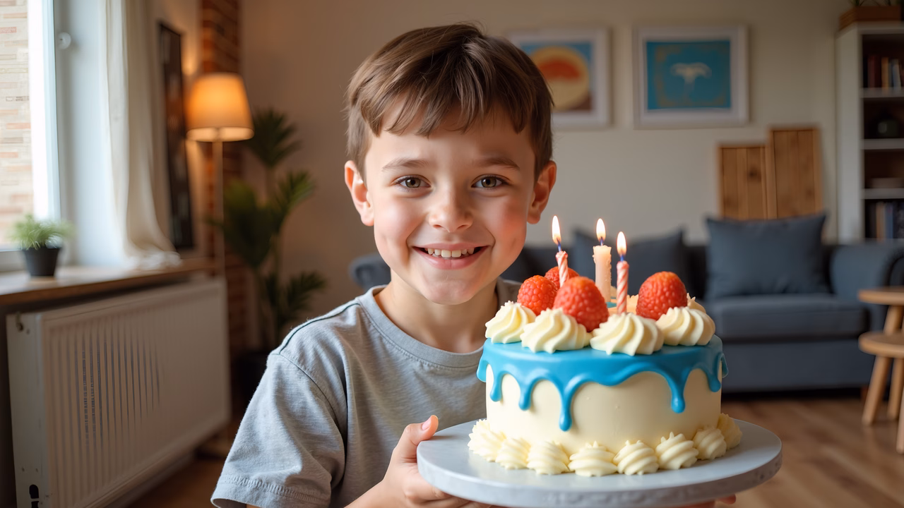 A cheerful boy holding a birthday cake with candles, celebrating joyfully in a cozy home setting.