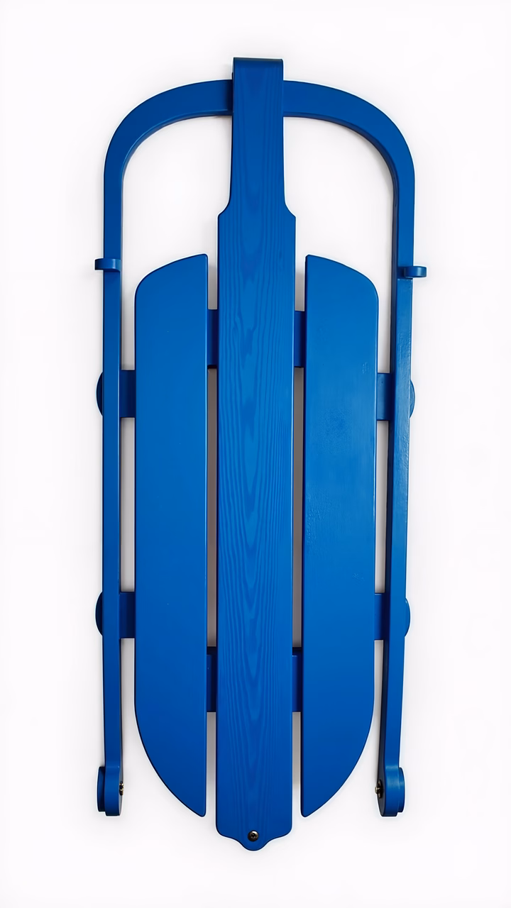 Minimalist illustration of a bright blue sled, evoking nostalgia and childhood memories.
