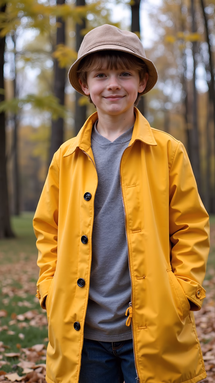 Boy in yellow coat standing outdoors in autumn