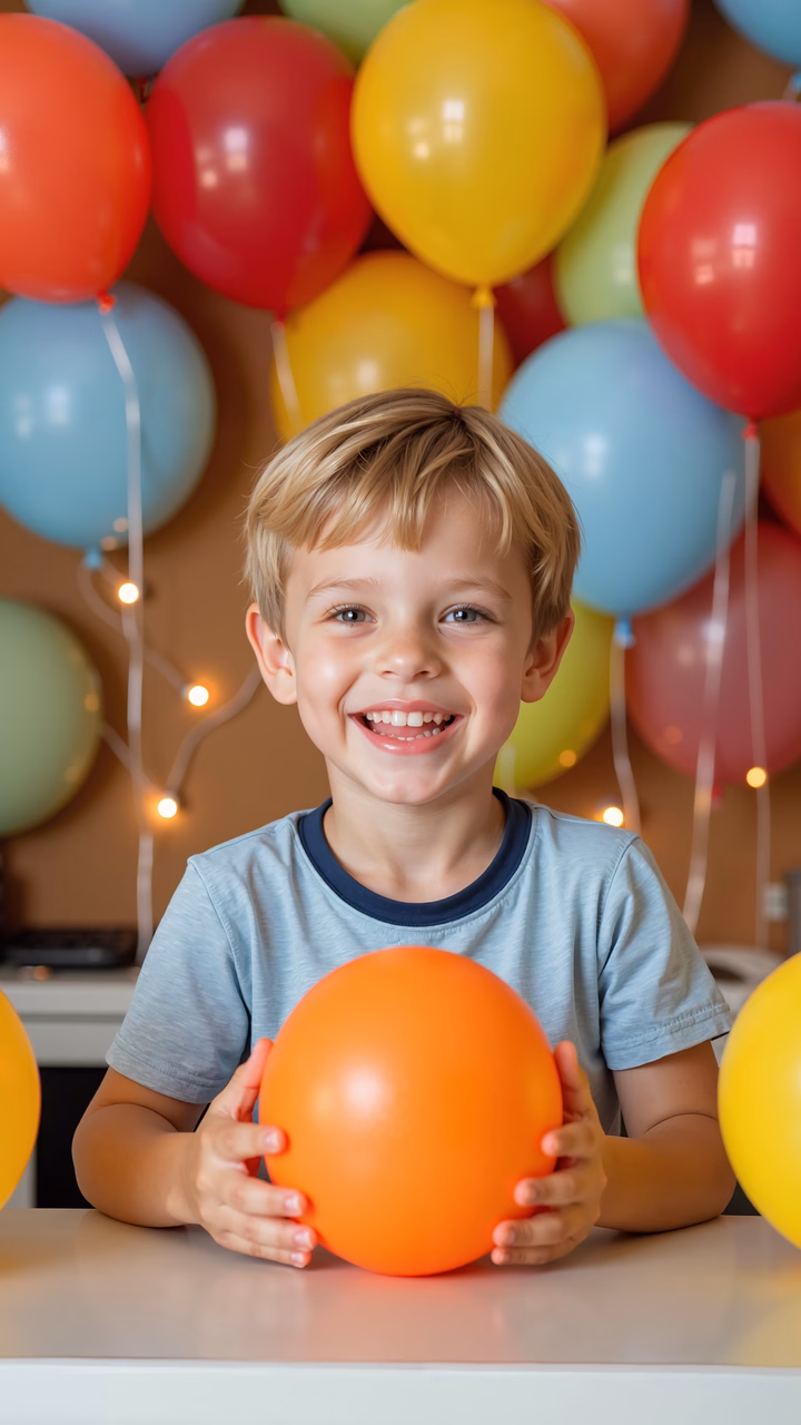 Brightly lit celebration with a child holding a balloon amidst colorful decorations.