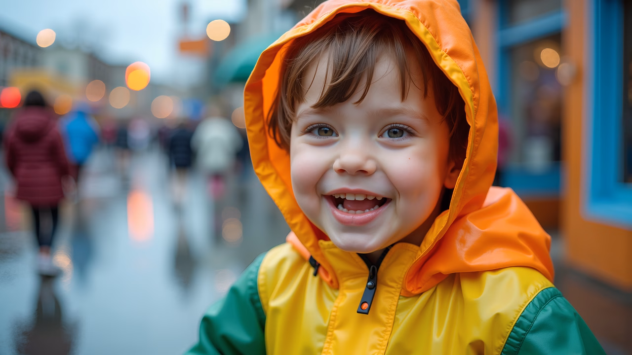 Brightly smiling child in a vibrant orange raincoat against a blurred urban backdrop.