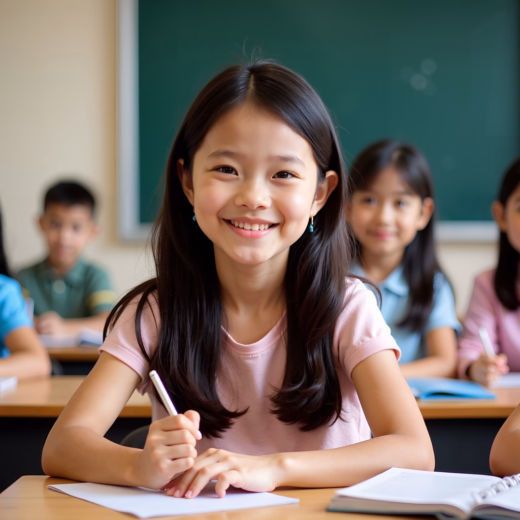 Bright smile of a student in a classroom setting