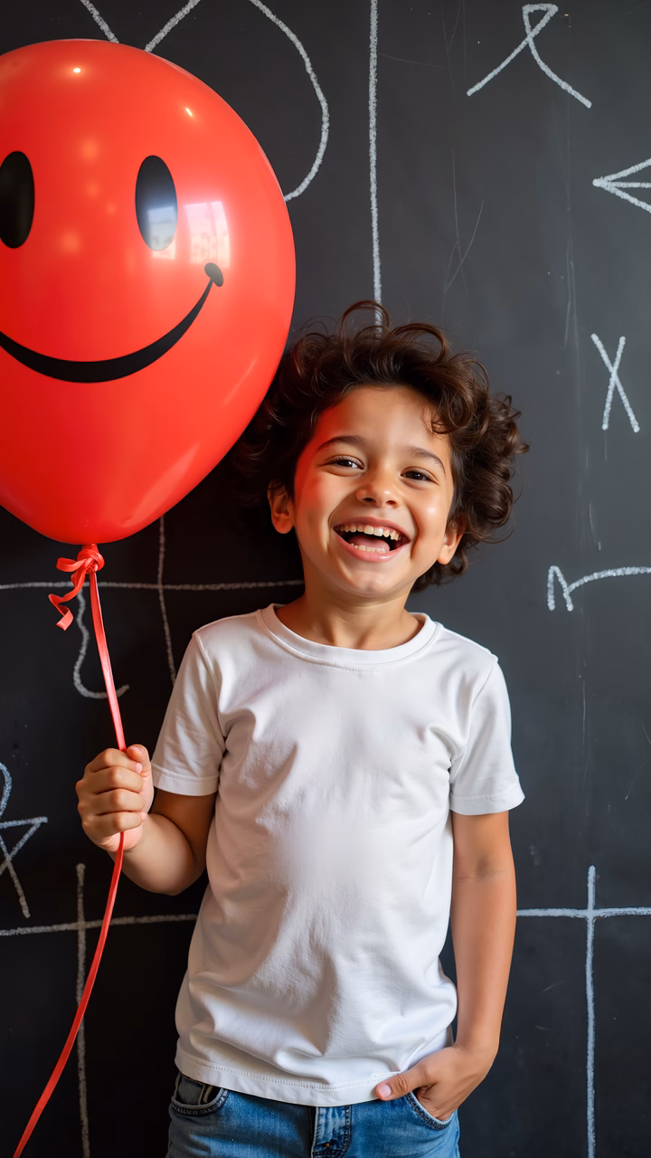 Brightly smiling child with red balloon against chalkboard backdrop.