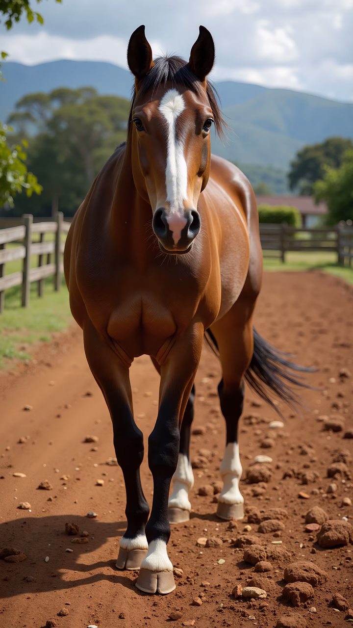 A stunning brown horse in a tranquil rural setting, captured in natural light.