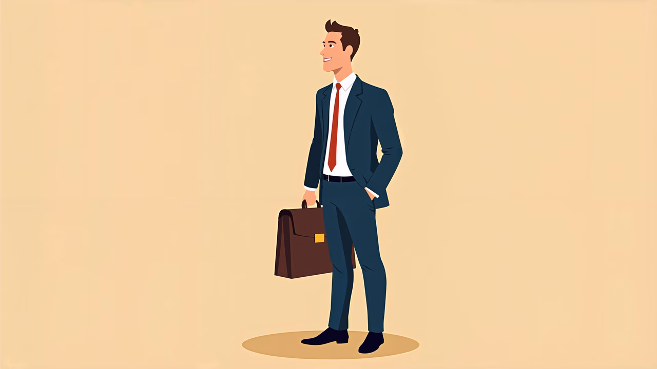 Confident businessman with a briefcase, minimalist design.