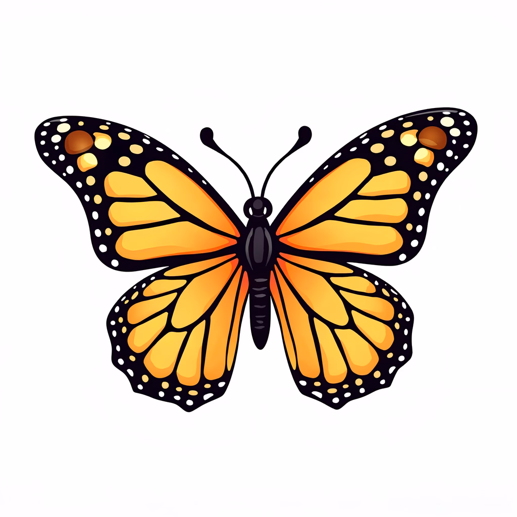 Vibrant butterfly illustration with bold orange wings and intricate black and white patterns.