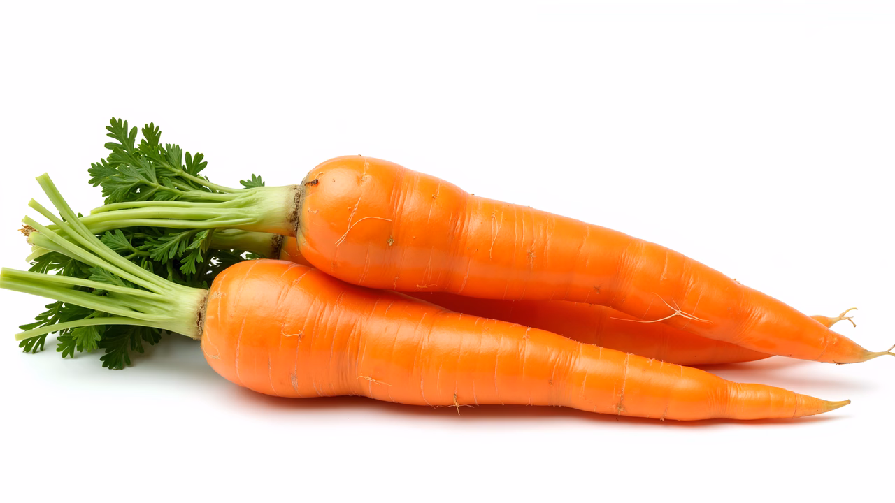 Fresh, vibrant carrots on a clean white background.