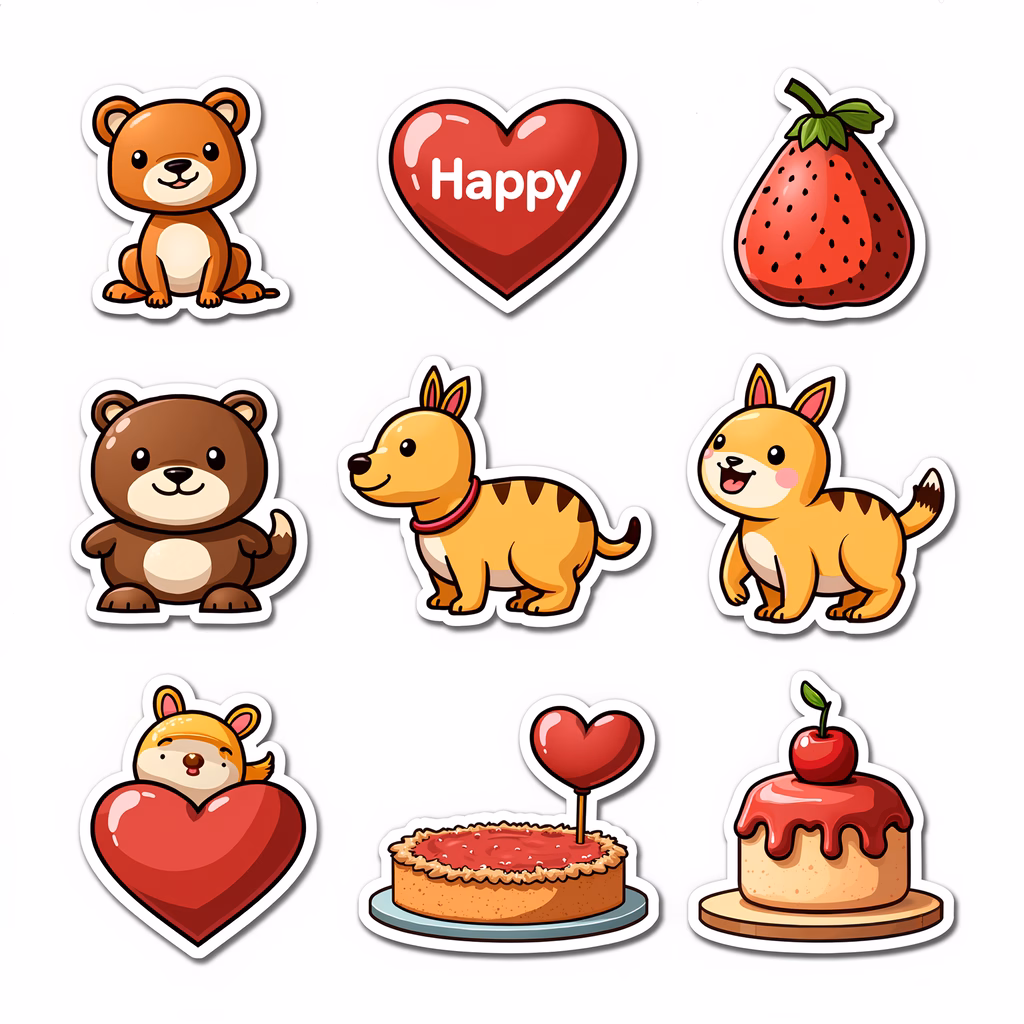 Cute cartoon animals and desserts in warm colors create a joyful and inviting scene.