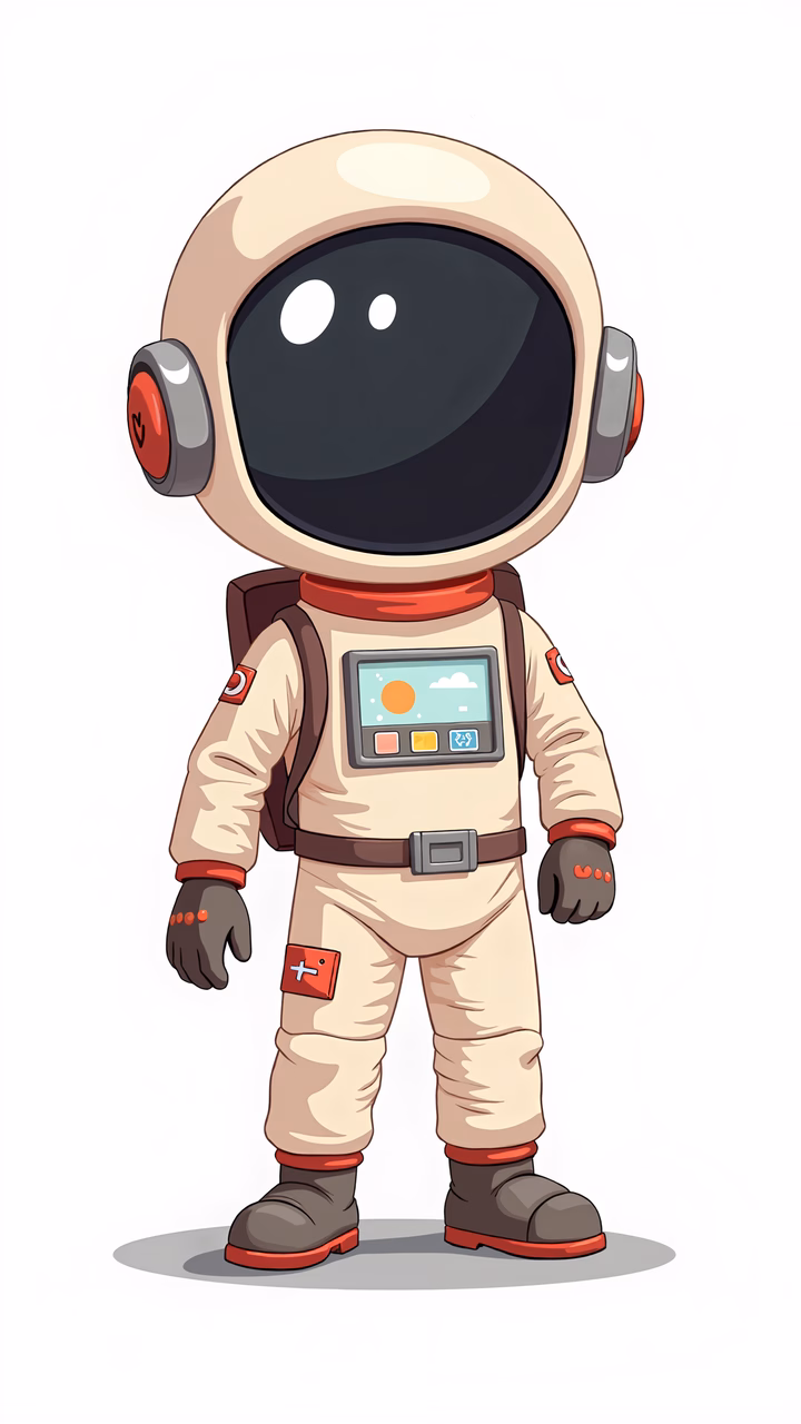 A cute astronaut in a beige spacesuit with red details, ready for a space mission.