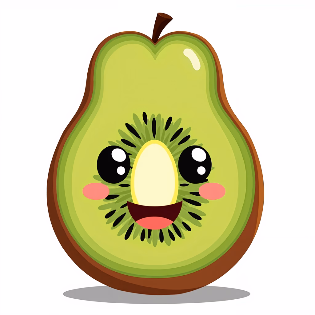 A cute, cartoon-style avocado with big eyes and rosy cheeks.