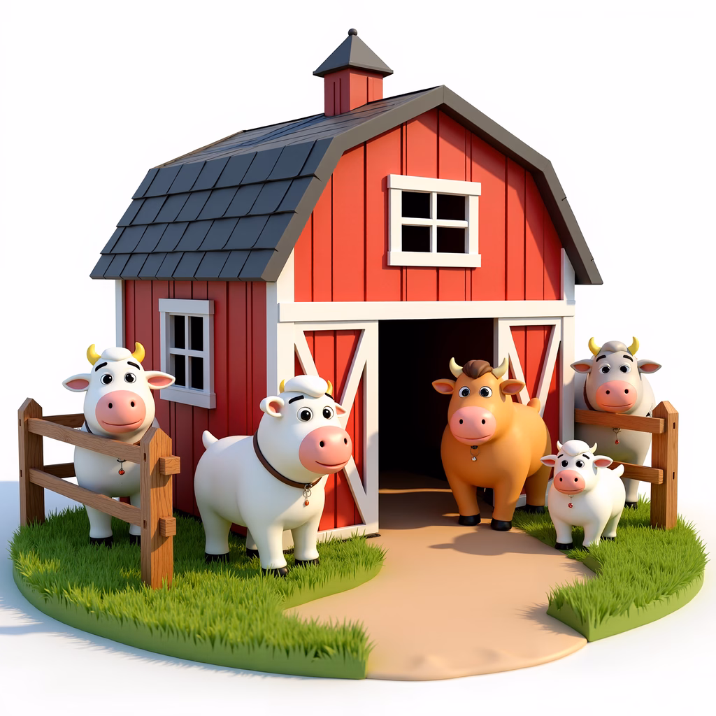 Brightly colored cartoon barn with playful cows, ideal for kids' art.