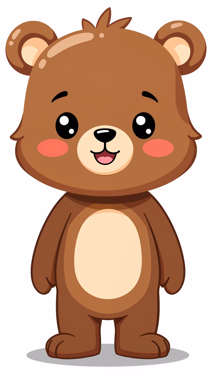 A friendly cartoon bear with big eyes and rosy cheeks.
