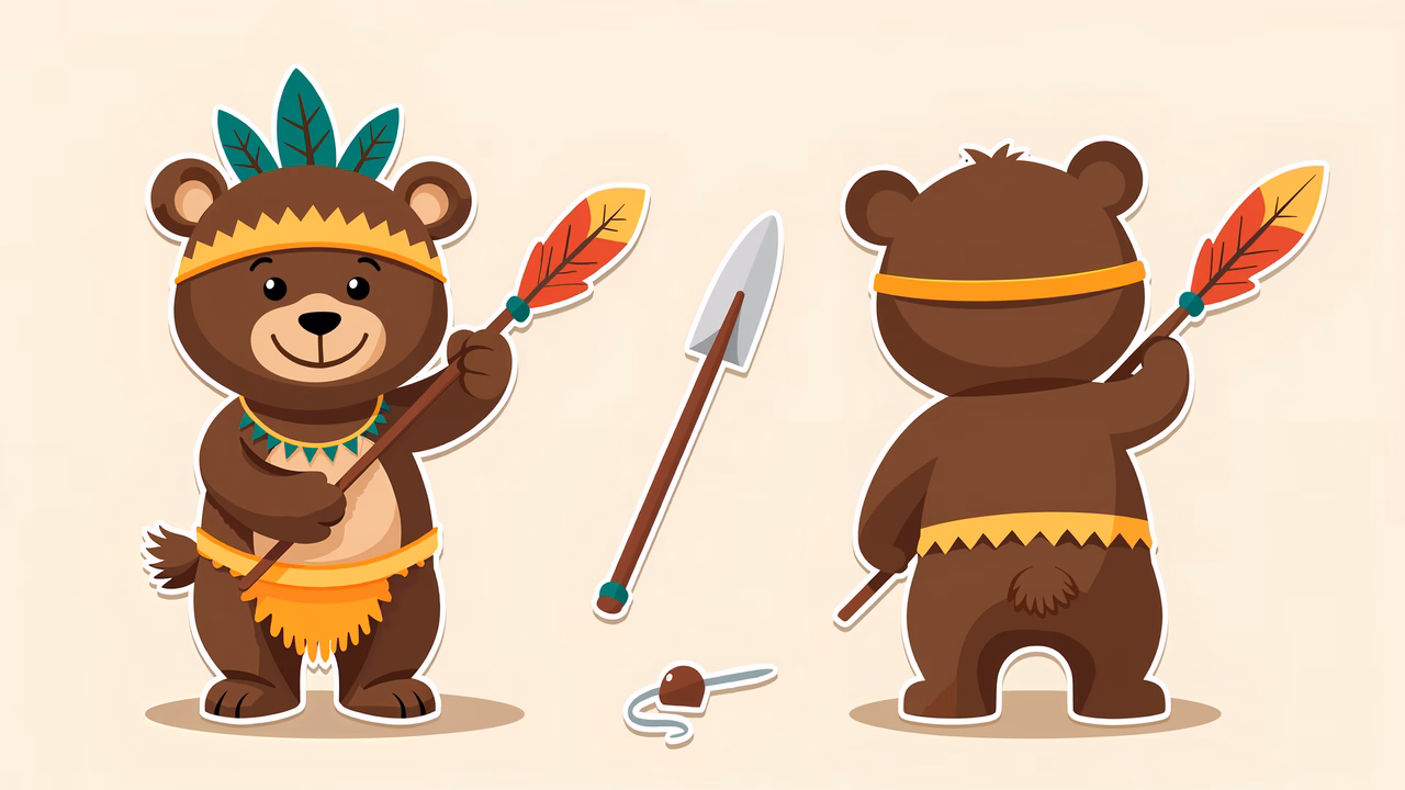Two cartoon bears dressed as warriors, one front-facing and one rear-facing, holding spears and wearing feathered headdresses.