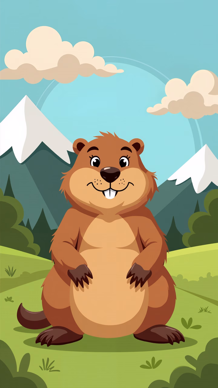 A happy cartoon beaver in a picturesque natural setting.