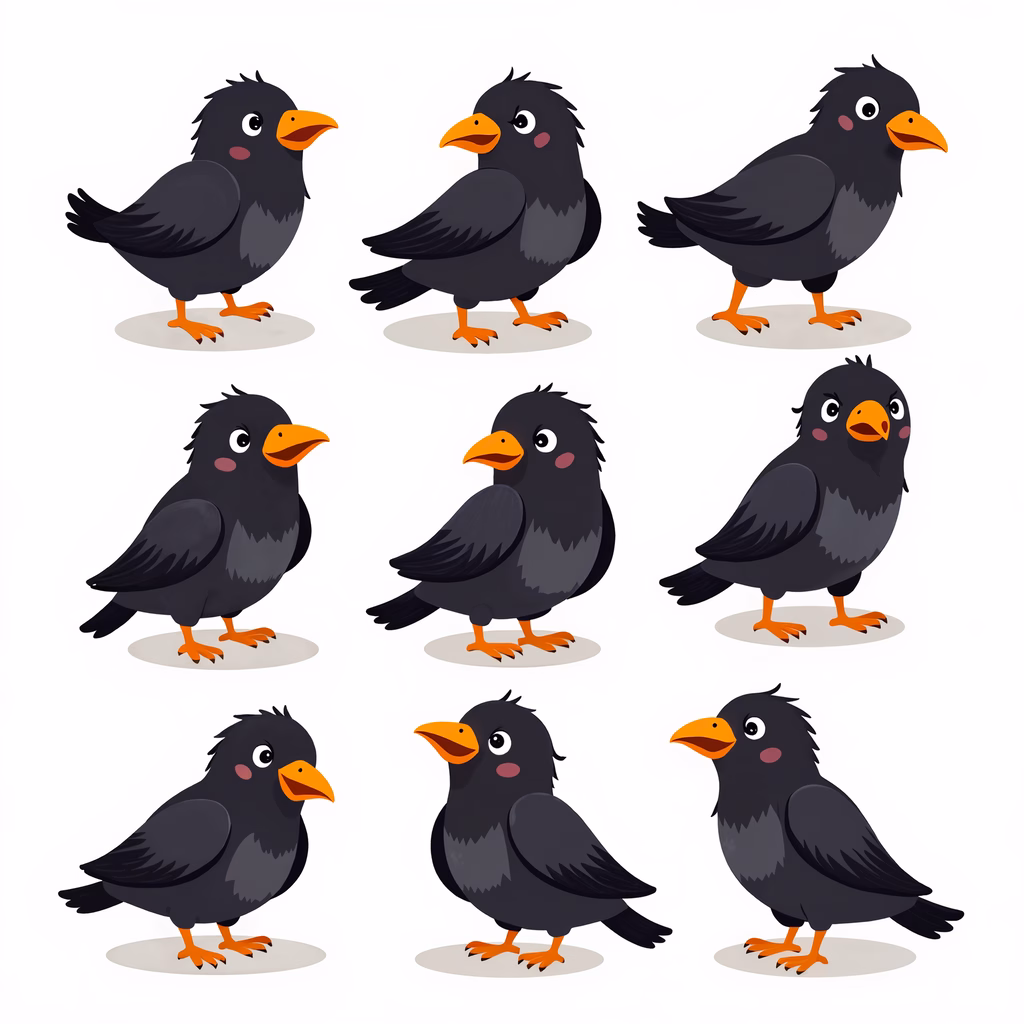 Cute cartoon birds in various poses against a white background.