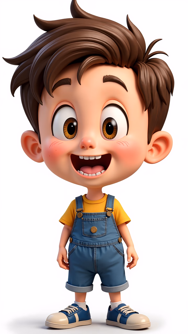 Bright-eyed cartoon boy in denim overalls, exuding joy and innocence.