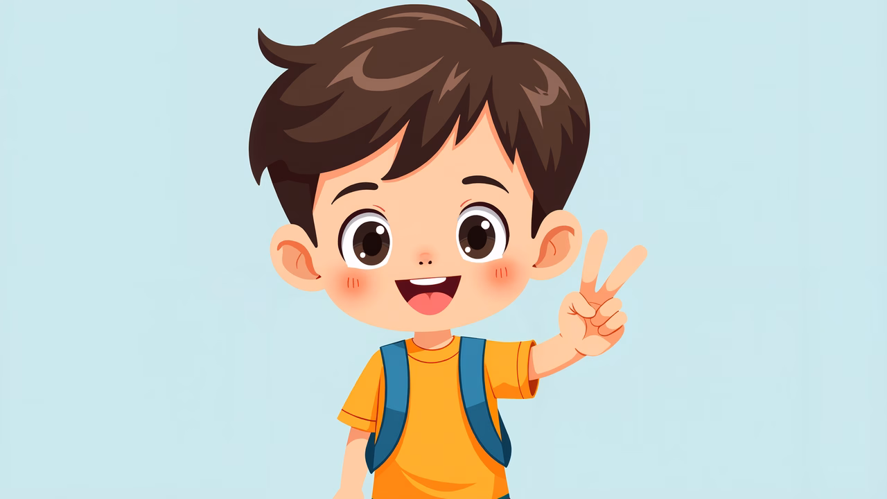 A happy cartoon boy making a peace sign against a light blue background.