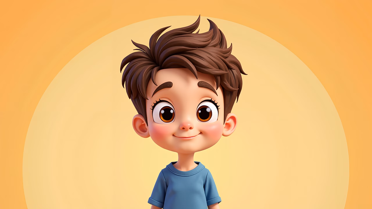A cute cartoon boy with tousled hair and a blue shirt against a warm yellow background.