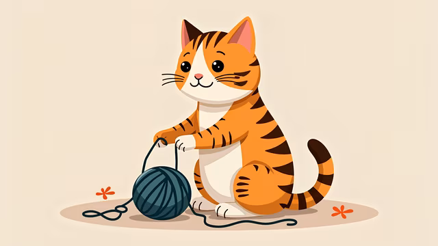 Cartoon Cat Playing with Yarn