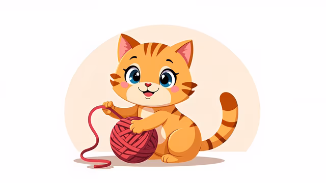 Cartoon Cat Playing with Yarn