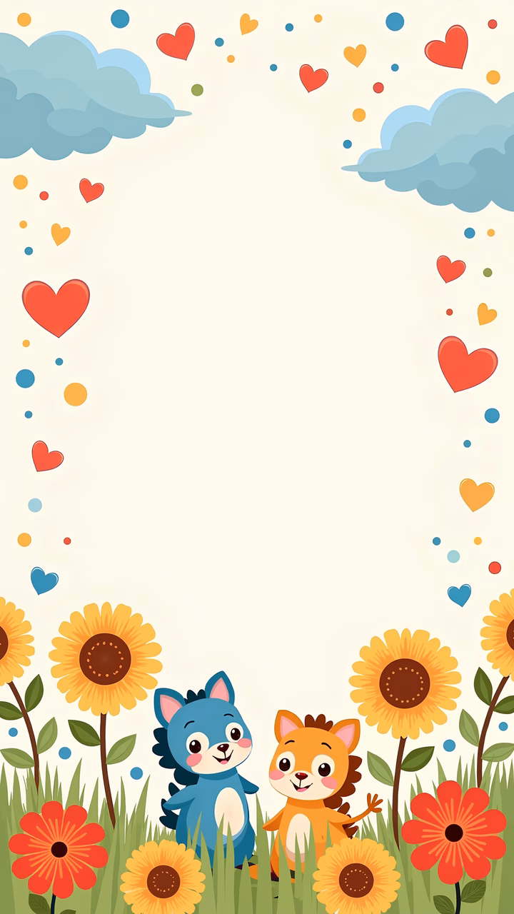 Two cute cartoon cats surrounded by sunflowers and hearts, evoking a sense of joy and innocence.