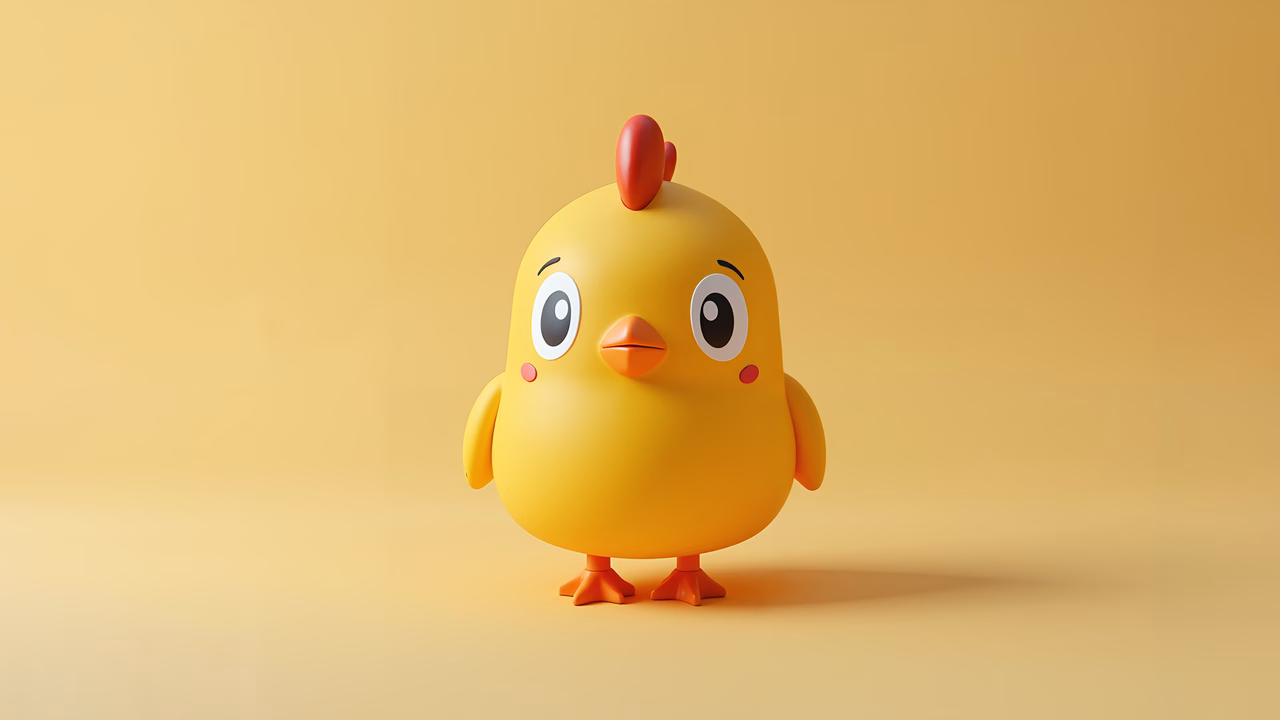 A friendly cartoon chicken with big eyes and a red comb, set against a warm yellow background.